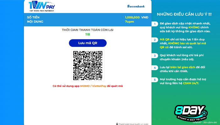 cách nạp tiền 8 day qr ngân hàng