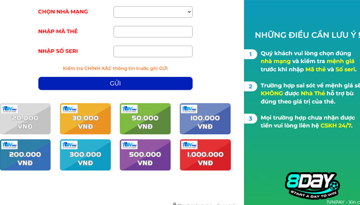 nạp tiền 8 day thẻ cào